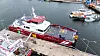Embracer ligger förtöjd i Fiskebäck medan tester av fartygens hybrida drivsystem pågår.