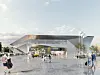 Människor går över ett öppet torg framför en modern glasbyggnad.