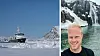 Jesper Eriksson framför ett vattenfall och fartyget Kinfish i isen.
