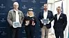 Från vänster, Jan-Olof Johansson, kommunstyrelsens ordförande i Lysekil, Serena Melani, befälhavare på Explora III, Henning Schuh, kommersiell direktör i STK Cruise och Carlos Gil, Guest Service Ambassador på Explora III.